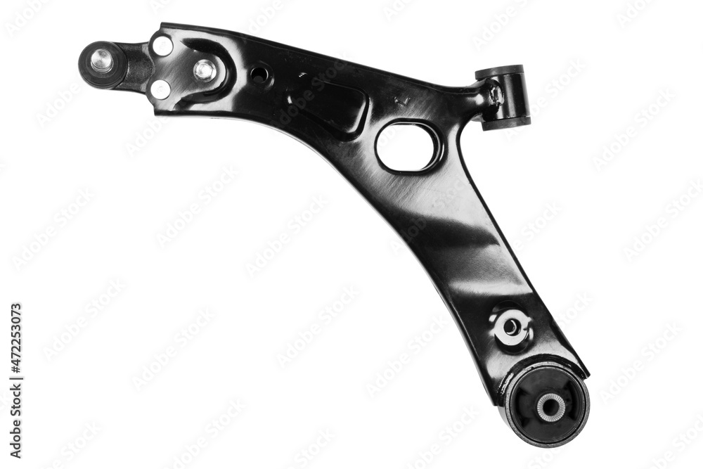 Obraz premium Front lower control arm isolated. New car wheel suspension arm isolated on white background. Quality spare parts for car service or maintenance
