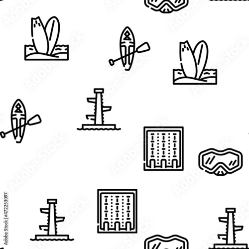 Water Sports Active Occupation Vector Seamless Pattern Thin Line Illustration