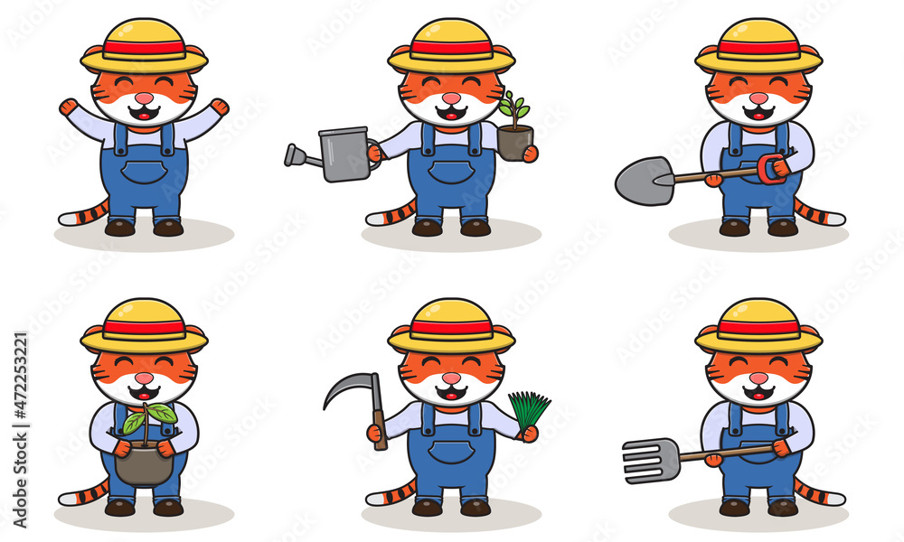 Vector illustration of Tiger farmer cartoon. Cute Tiger farmer character design with straw hat. Character flat design. isolated on white.