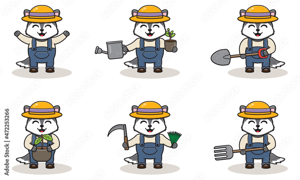 Vector illustration of Wolf farmer cartoon. Cute Wolf farmer character design with straw hat. Character flat design. isolated on white.