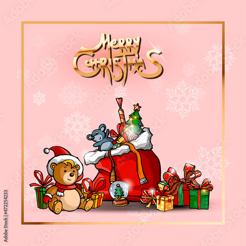 Happy New year. Rat,Teddy bear, Christmas toys and gift box. Happy New year greeting card. Merry Christmas golden text and elegant pink background.