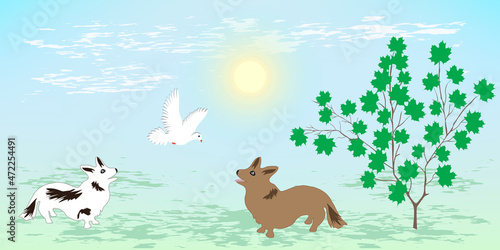 Corgi, two dogs and a dove - spring landscape - illustration, vector. Horizontal banner. © istorsvetlana