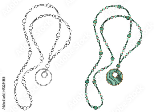 Women's jewelry, green necklace with  round pendant. Design element