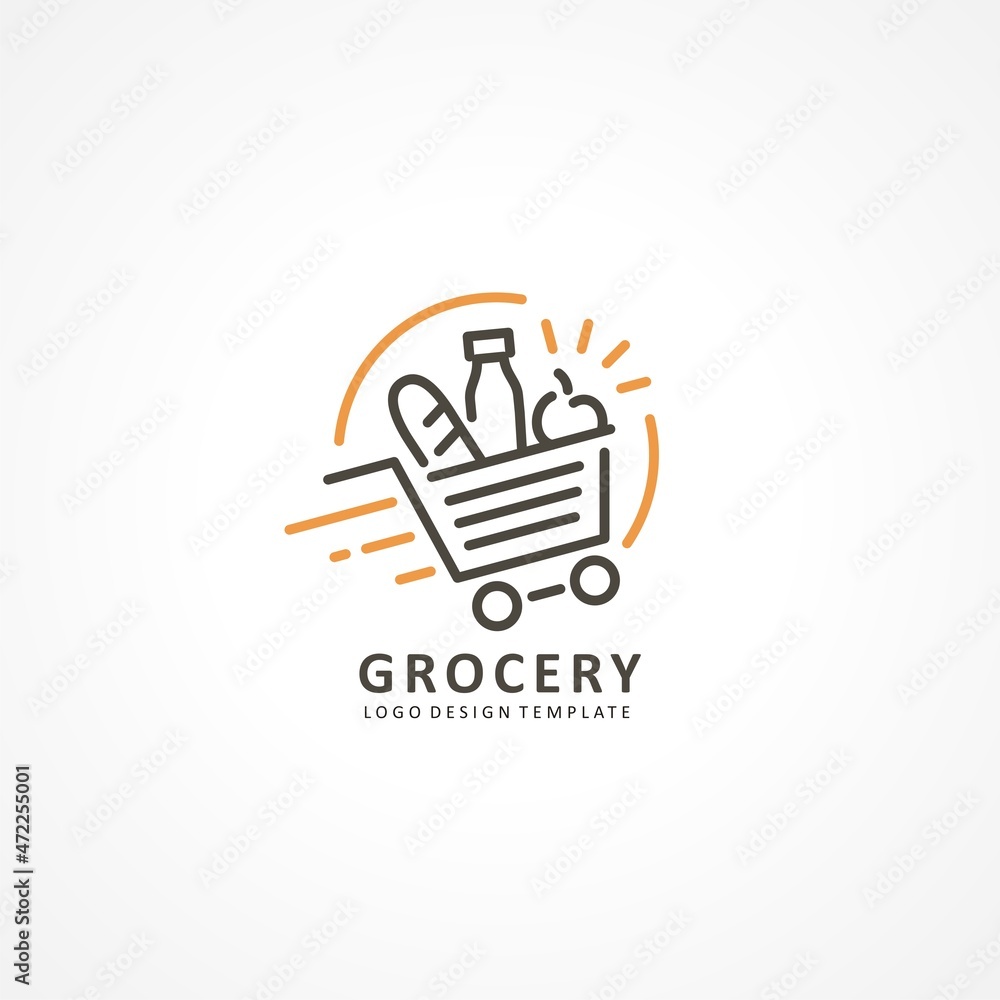 Grocery store logo design template with shopping basket full of various