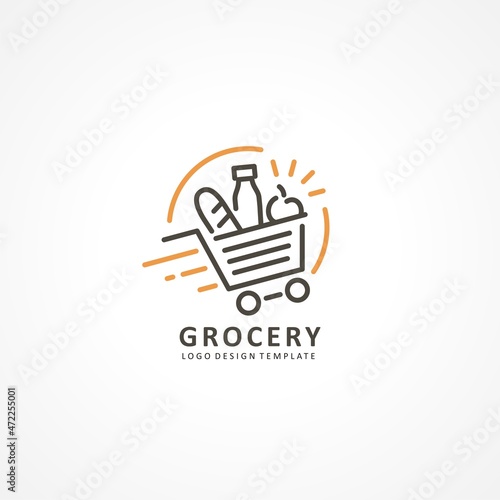 Grocery store logo design template with shopping basket full of various products. Bread, fruits, drinks line art logo design idea. Groceries vector symbol.