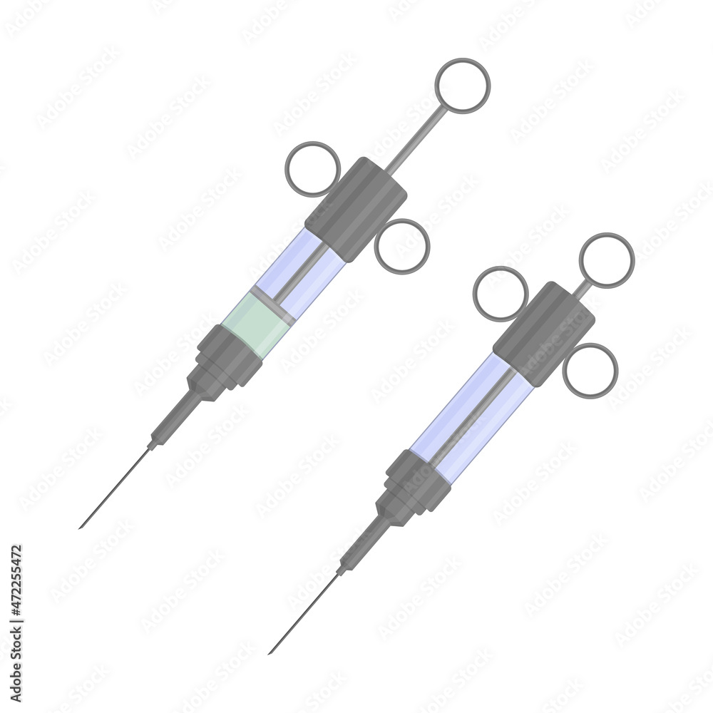Two metal antique medical syringes. A glass syringe with medicine and empty. Vintage medical equipment for injections and vaccinations. Vector illustration on a white background Two metal antique medical syringes. A glass syringe with medicine and empty. Vintage medical equipment for injections and vaccinations. Vector illustration on a white background