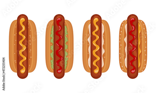 An appetizing set of four hot dogs top view Delicious juicy hot dogs with sausage, ketchup, mayonnaise, mustard and lettuce leaves. Fast food in cartoon style. Vector illustration on white background