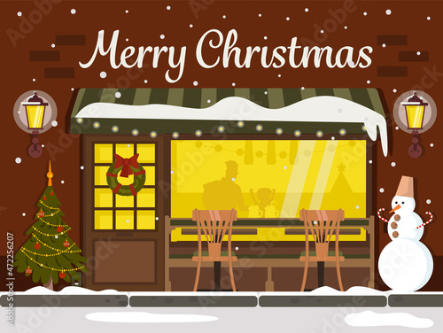 Night winter cafe. Christmas greeting card. Snowman, Christmas tree, silhouette of people. Flat illustration.