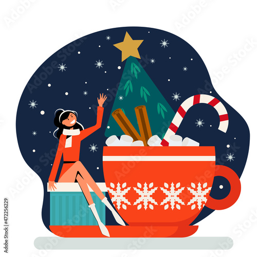 The girl sits on a gift next to a red mug with a Christmas tree and marshmallows. Christmas concept. Vector illustration.