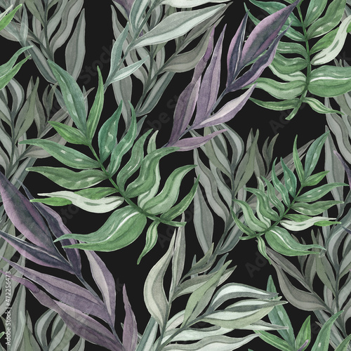 Watercolor botanical pattern leaves on black background