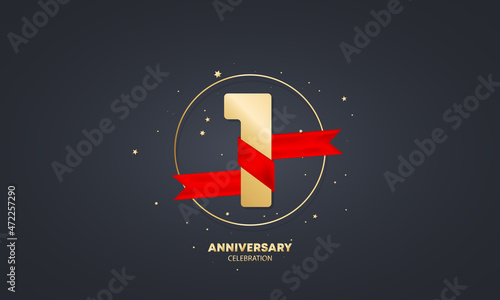 1 year anniversary banner with red ribbon on white. One years celebration. Poster or brochure template. Vector EPS 10. Isolated on background