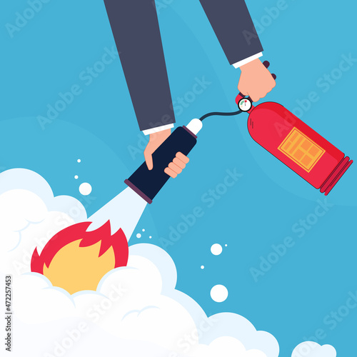 Hands pressing handle of fire extinguisher to extinguish flame. People extinguishing burning house with foam spray, protecting home flat vector illustration. Safety, help and fire protection concept