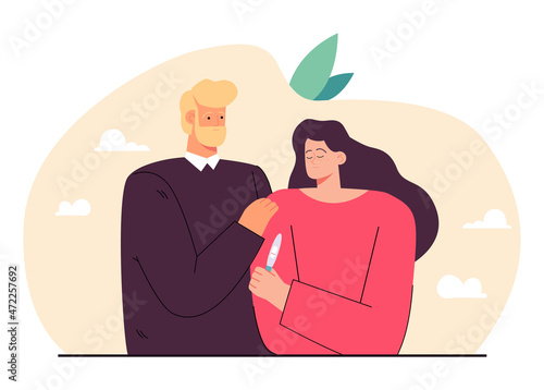 Sad infertile married couple looking at negative pregnancy test. Bad news about infertility for disappointed husband and wife flat vector illustration. Problem of fertility, healthcare concept