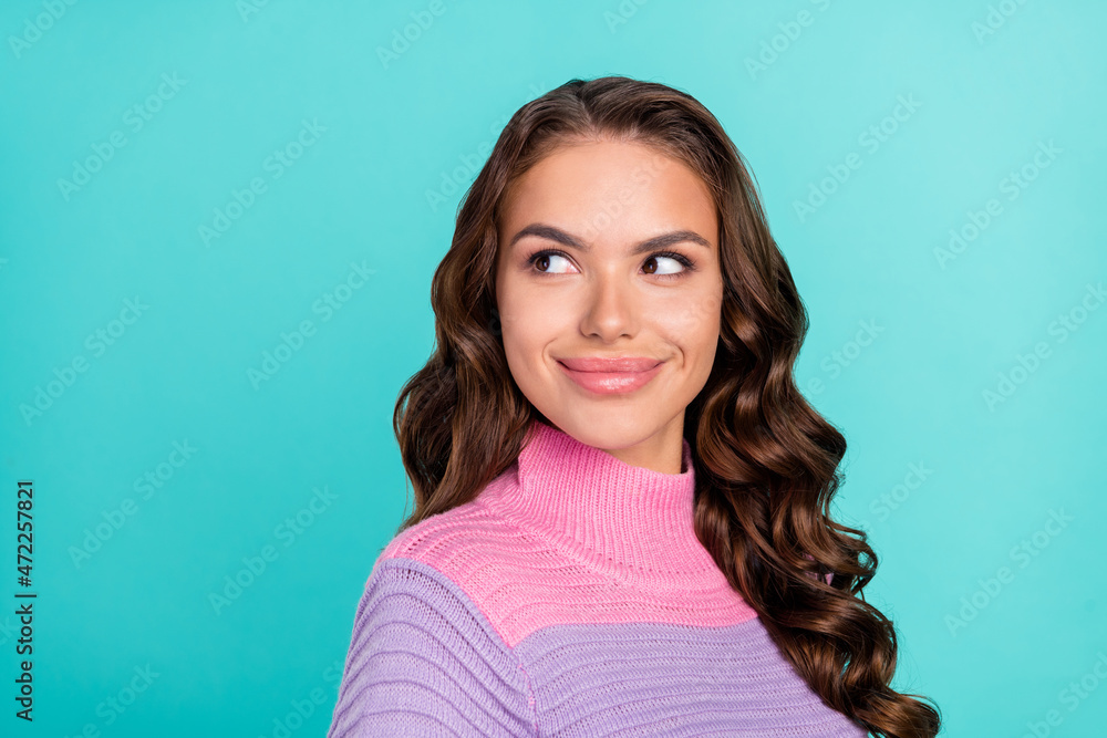 Obraz premium Profile photo of cool brunette young lady look empty space wear striped pullover isolated on teal color background