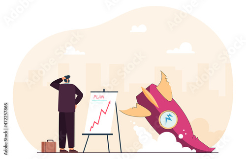 Businessman standing by crash rocket debris, poor startup launch. Unsuccessful plan, business strategy failure of male loser entrepreneur flat vector illustration. Bankruptcy, crisis problem concept
