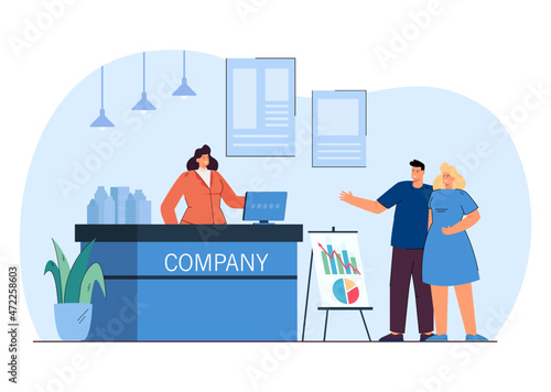 Customers standing at information desk of tradeshow event. People visiting exhibition of products in hall of expo business center flat vector illustration. Fair, demonstration of exhibits concept