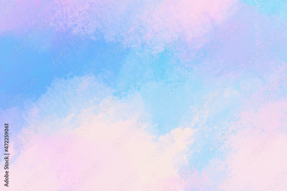 abstract watercolor background with blue sky and pink clouds, evening sky, tender minimalistic wallpaper with air, clouds and paint strokes, good weather, bright tender summer sky