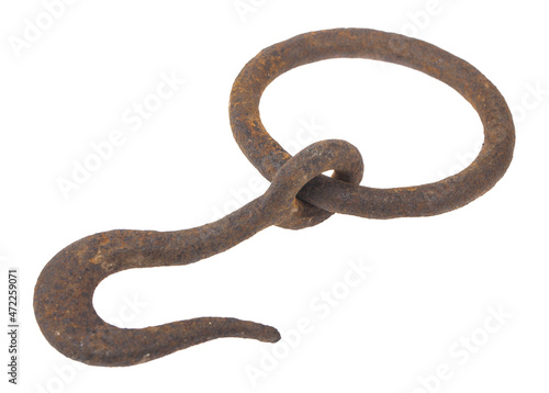 Rusty metal hook isolated on white background.