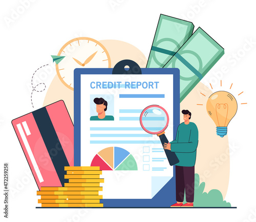 Check of credit history by tiny man with magnifying glass. Online analysis of documents and report information for person in mobile application flat vector illustration. Finance, credit review concept