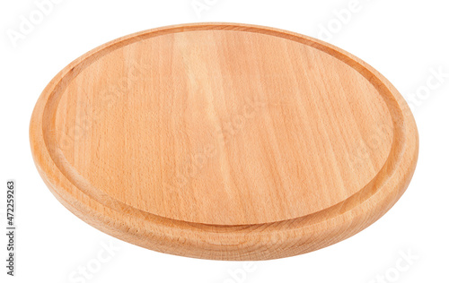 Round wooden pizza board isolated on white background.