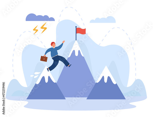 Tiny office worker jumping towards mountain with flag on top. Man with ambition putting effort into achieving goal flat vector illustration. Success, challenge, perseverance concept for banner