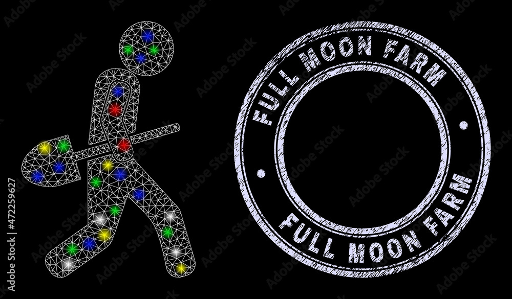 Glossy polygonal mesh web shovel robber icon with glow effect on a black background, and Full Moon Farm rubber seal imitation. Illuminated vector constellation created from shovel robber icon,