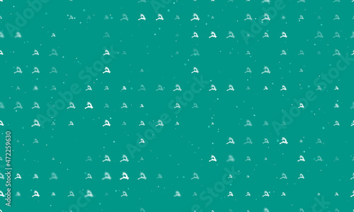 Seamless background pattern of evenly spaced white Christmas deers of different sizes and opacity. Vector illustration on teal background with stars