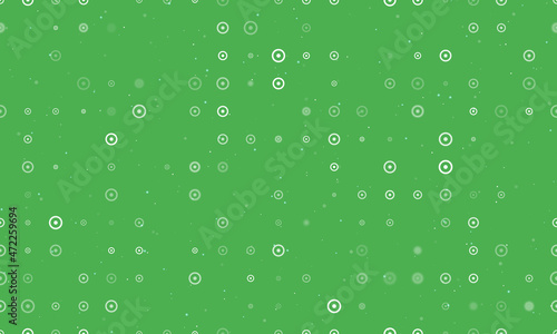 Seamless background pattern of evenly spaced white astrological sun symbols of different sizes and opacity. Vector illustration on green background with stars