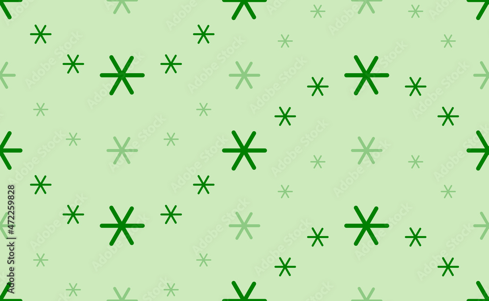 Seamless pattern of large and small green astrological sextile symbols. The elements are arranged in a wavy. Vector illustration on light green background