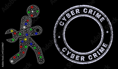 Glossy polygonal mesh web spanner robber icon with glitter effect on a black background, and Cyber Crime corroded stamp seal. Illuminated vector constellation created from spanner robber icon,