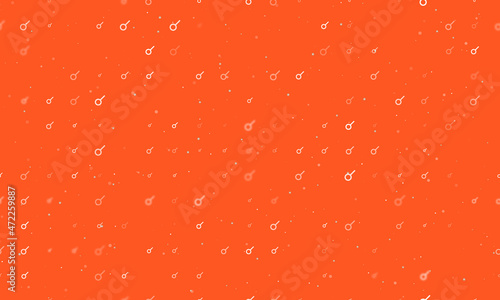 Seamless background pattern of evenly spaced white astrological connection symbols of different sizes and opacity. Vector illustration on deep orange background with stars