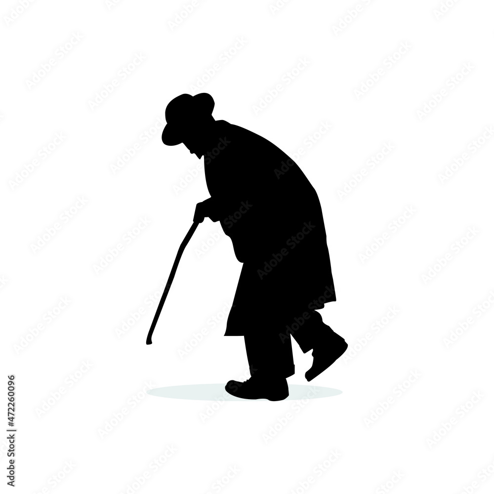 Old man walking, old man with a walking stick on a white background ...