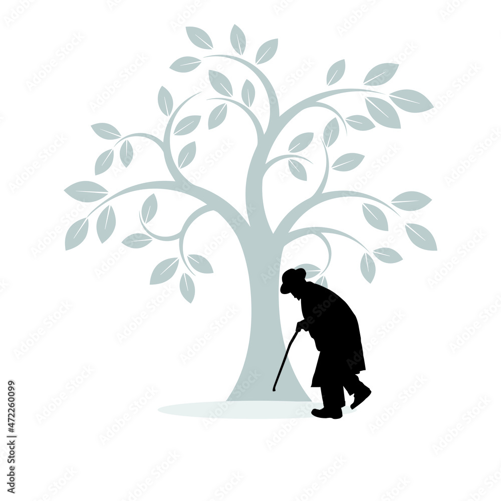 Old man walking, old man with a walking stick on a white background ...