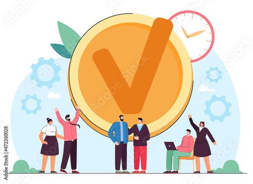 Team of business people finishing work with success. Tiny male and female corporate managers with checkmark of good job flat vector illustration. Well done job, effective task management concept