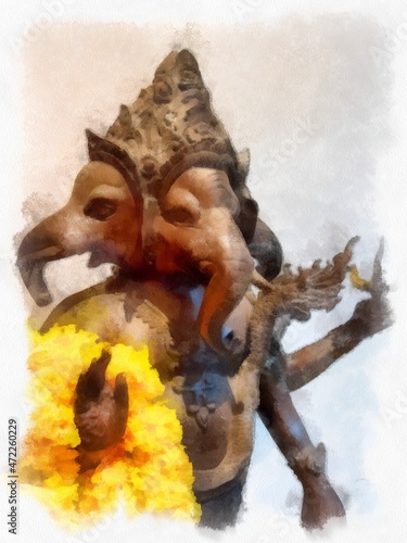 Fototapeta Naklejka Na Ścianę i Meble -  The statue of Ganesh has 4 faces. watercolor style illustration impressionist painting.