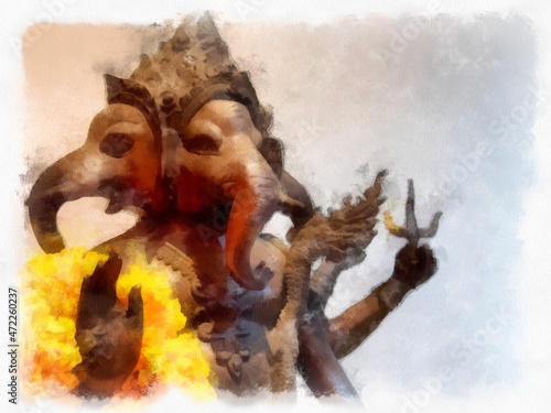 The statue of Ganesh has 4 faces. watercolor style illustration impressionist painting.