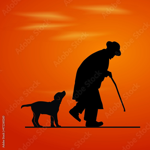 Old man walking with a dog, old man with a walking stick , vector art.