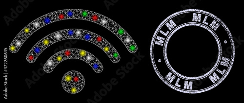 Glossy polygonal mesh net Wi-Fi dot icon with glare effect on a black background with Mlm textured seal. Illuminated vector mesh created from Wi-Fi dot icon, with white mesh and stardust light dots.