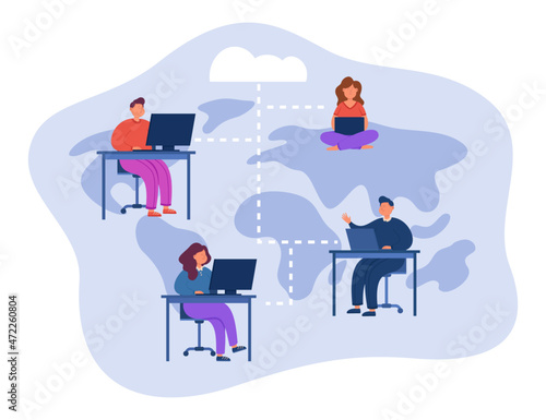 Remote team of cartoon employees sharing data via cloud system. Company people working on computers, storage management flat vector illustration. Teamwork, workforce, remote work concept for banner