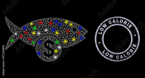 Glossy polygonal mesh web fish price icon with glow effect on a black background with Low Calorie unclean seal imitation. Illuminated vector model created from fish price icon,