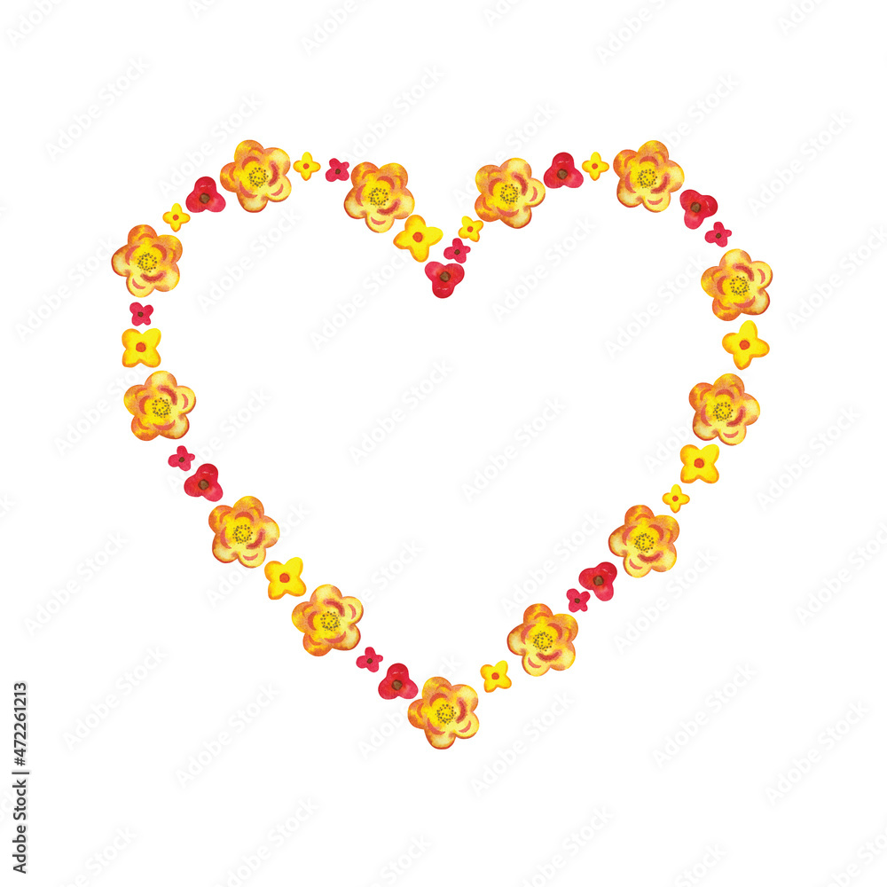 Obraz premium Heart shaped frame of watercolor flowers. Bright botanical illustration with flowers, leaves, berries and branches in a decorative style on a white background