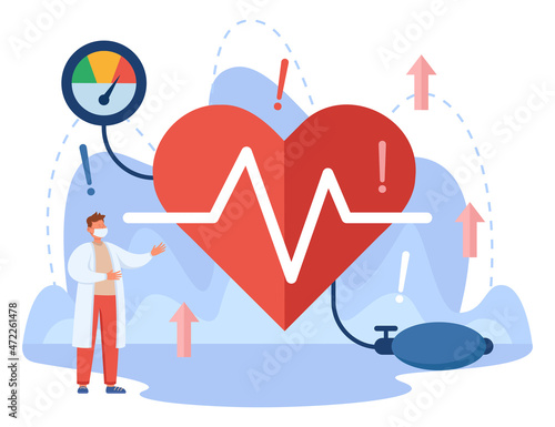 Tiny doctor and heart of patient with high blood pressure. Medical checkup at hospital or clinic, risk of cholesterol or cardiovascular disease flat vector illustration. Cardiology, health concept