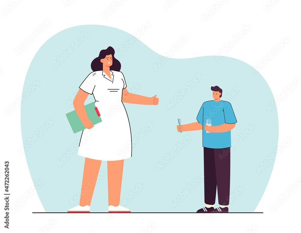 Man with toothbrush and glass of water standing near medical profession. Man having consultation with dentist flat vector illustration. Dentistry concept for banner, website design or landing web page Man with toothbrush and glass of water standing near medical profession. Man having consultation with dentist flat vector illustration. Dentistry concept for banner, website design or landing web page