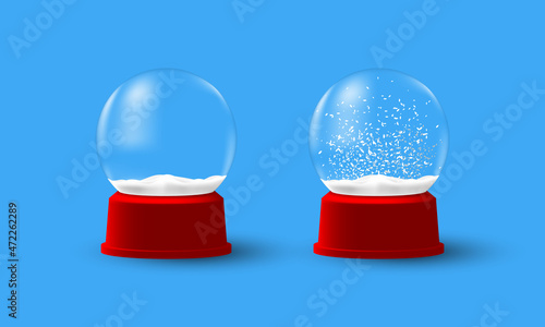 Set of realistic transparent Christmas snow globes isolated on blue background vector illustration.