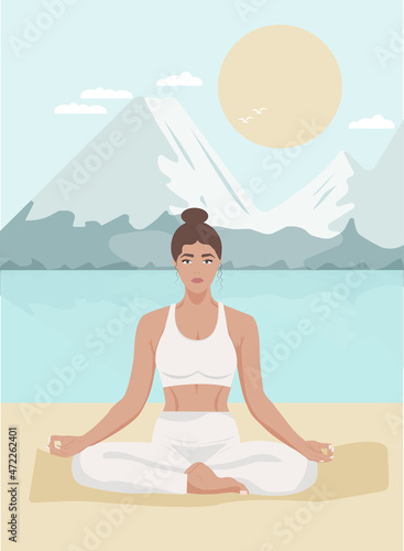 The girl is engaged in yoga in nature. Conceptual illustration for yoga class promotion banner or poster or social network promotion. Trendy pastel colored vector illustration