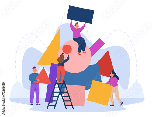 Team of business persons arranging geometric shapes together. Cartoon people solving abstract puzzle, chaos flat vector illustration. Collaboration, organization concept for banner or landing web page