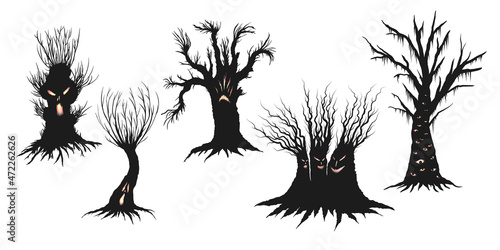 Haunted tree silhouettes with glowing eyes and creepy faces, monster trees vector illustrations, Halloween themed decor isolated on white