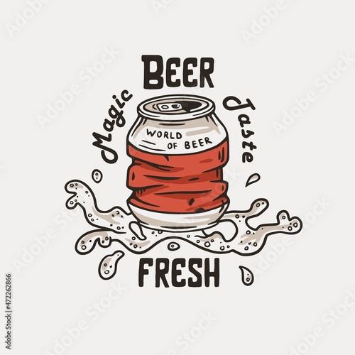 Beer can with foam for print. Original brew desig crumpled can or tin of beer for bar