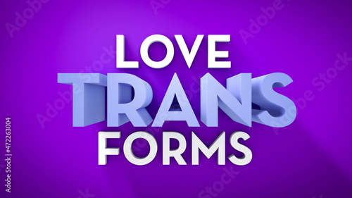 Transgender equality. Love transforms sentence over purple background. 3d rendering.