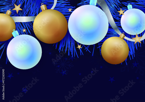 fondo azul navideño vectorial con esferas, listones y cintas de navidad vector